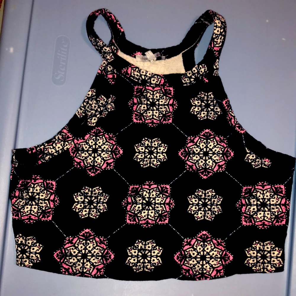 Spring/ Summertime Crop Top. Navy Blue, white, and neon pink.
